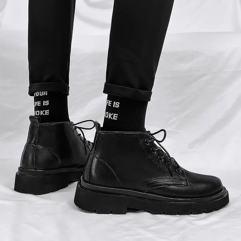 Men'S Shoes Height Increase - Deri Siyah Erkek Yüksek Bilekli Bağcıklı
